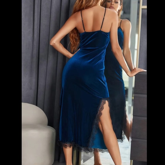 Navy Blue Velvet Lace Trim Night Gown Dress - Picture 3 of 8